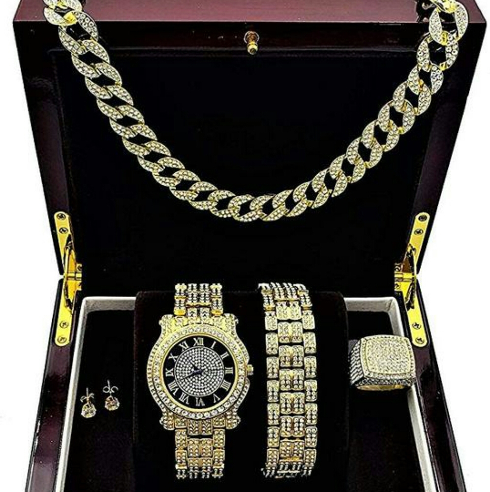 Cuban Link Chain Gold Watch Diamond Bracelet Set I
